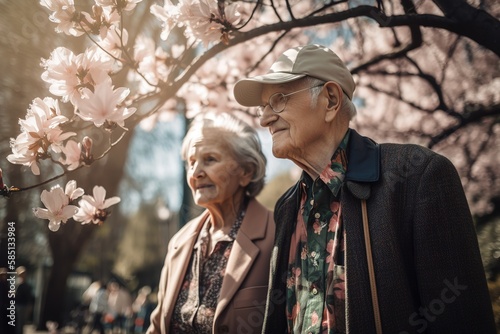 Adorable senior couple enjoying nature at the park. Generative AI