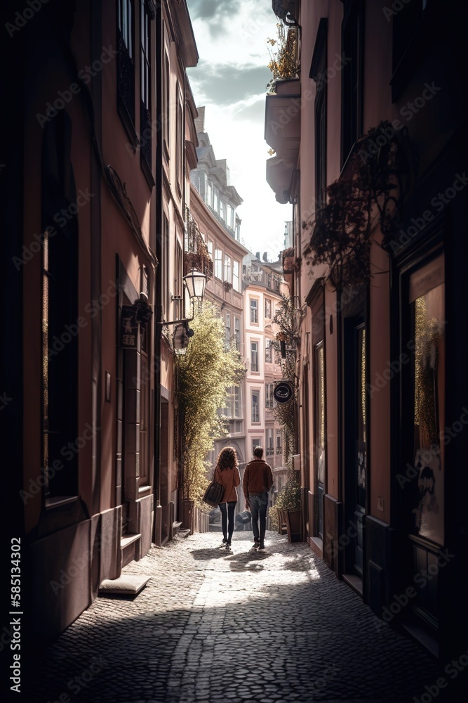Back view of couple walking among picturesque cobblestone European street. Generative AI vertical shot