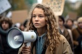 Young girl student using megaphone to fight against climate change on streets. Generative AI