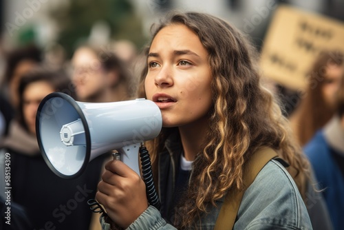 Caucasian young girl advocates for climate change on the street. Activism for environmental conservation. Generative AI photo