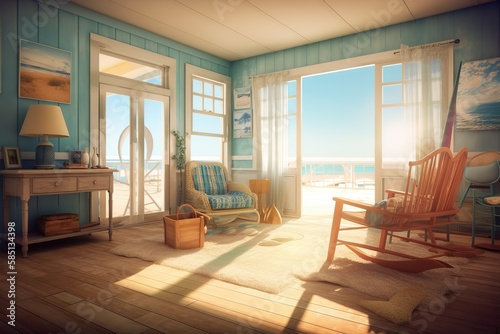 Beach House  Create a set of images that showcase a bright  airy beach house.. Generative AI