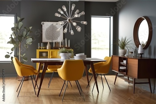 Mid - Century Modern Dining Room  Create a dining room with a mid - century modern - inspired design.Generative AI