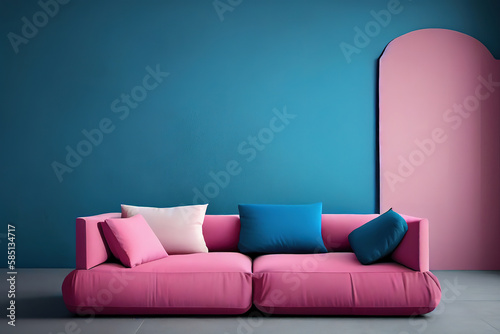 The pink sofa which has a white pillow is set in living room. Generative Ai