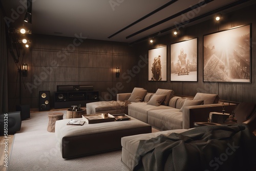 Movie Room  Capture a set of images that showcase a cozy  cinematic movie room. Use natural light to highlight the colors and textures of the seating and decor Generative AI