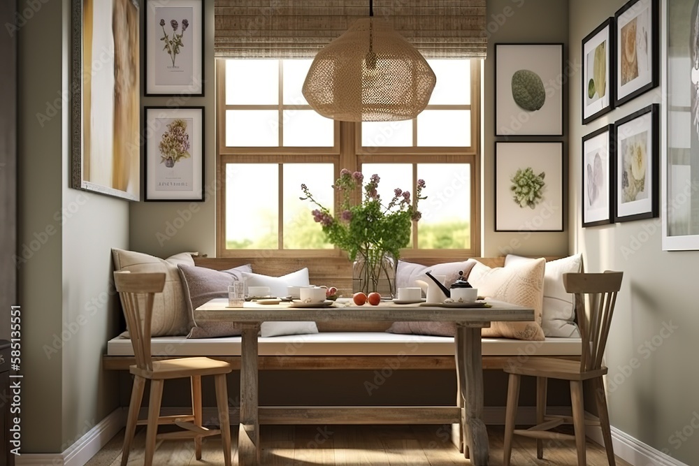 Breakfast Nook: Create a set of images that showcase a cozy, charming breakfast nook. Generative AI Breakfast Nook: Create a set of images that showcase a cozy, charming breakfast nook. Generative AI