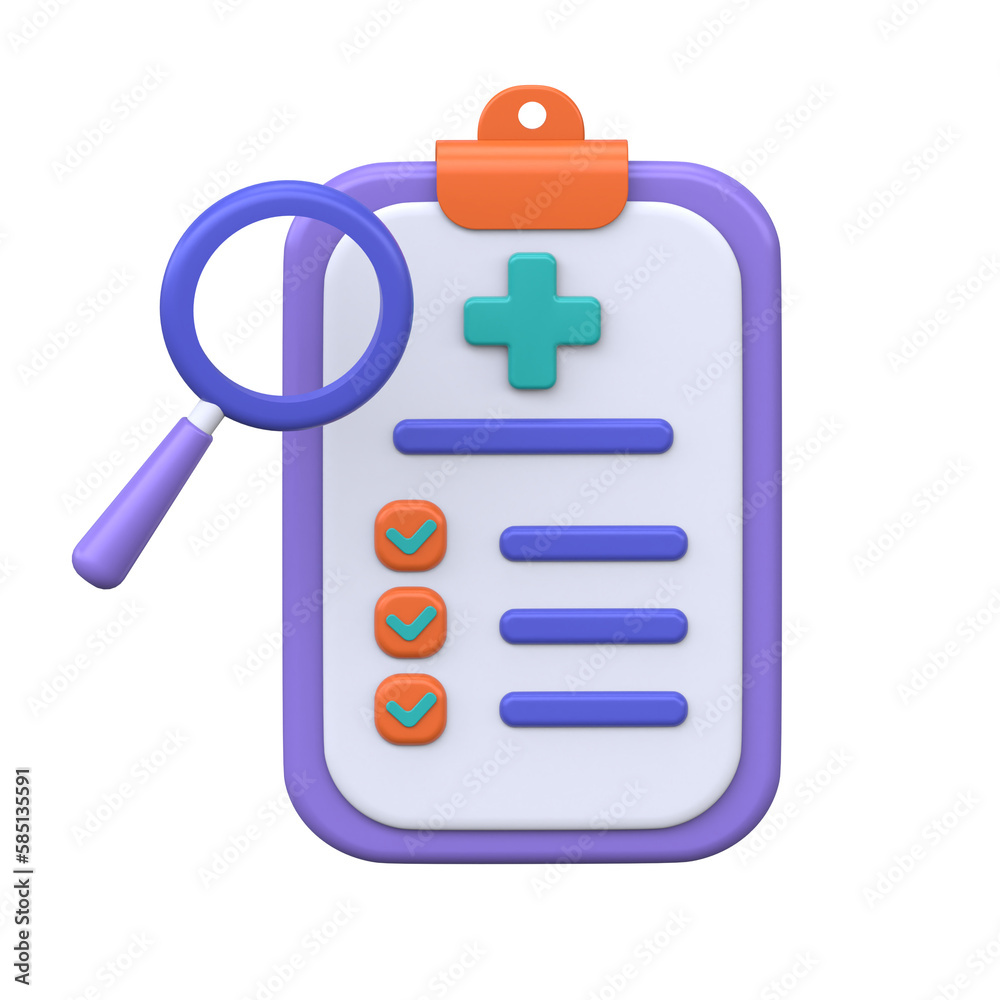 Health insurance 3d render. Medical checkup document for doctor and pacient with diagnosis and pharmacy report. List with information. Health insurance 3d render. Medical checkup document for doctor and pacient with diagnosis and pharmacy report. List with information.