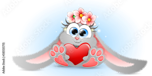 Cute fluffy cartoon grey Bunny with big red heart and wreath of flowers.