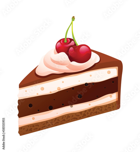 Slice of black forest cake vector isolated on white background. Slice cake cartoon illustration