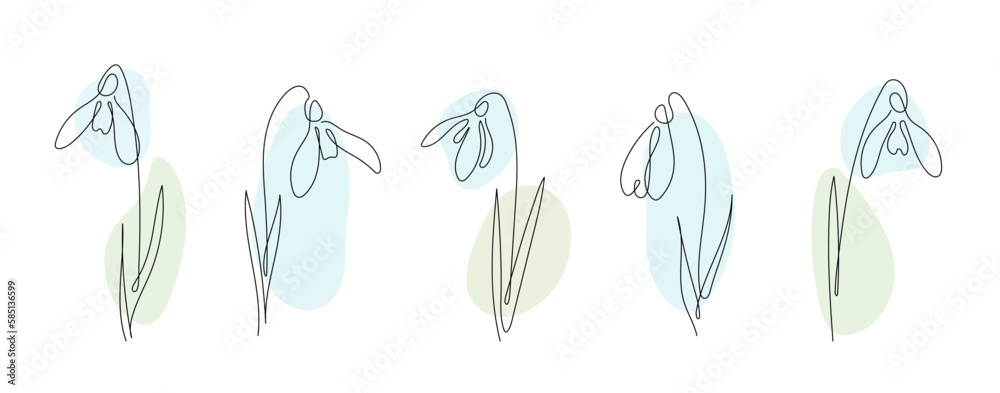 Set of spring snowdrop flower in continuous line art drawing style. Black linear sketch on white background. Vector illustration. Set of spring snowdrop flower in continuous line art drawing style. Black linear sketch on white background. Vector illustration.