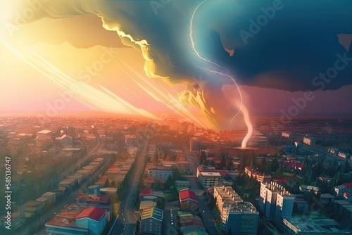 Chaos at Daybreak: A Tornado Approaches a Vibrant Metropolis. Generative AI