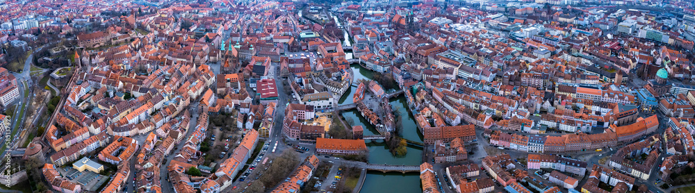 Aerial around the old town of the city Nürnberg on an afternoon in late winter