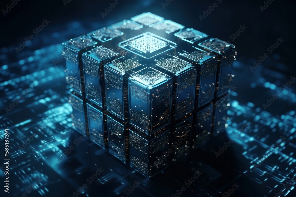 Fototapeta premium Blockchain concept. Big data binary code futuristic information technology, data flow. Transferring of big data. interconnected blocks of data depicting a cryptocurrency blockchain. Generative AI