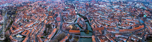 Aerial around the old town of the city Nürnberg on an afternoon in late winter