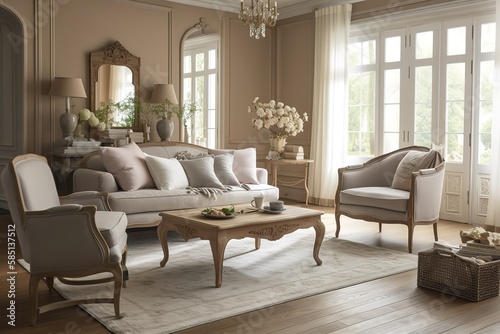 French Country Living Room: Create a living room with a French Country - inspired design, using soft colors, natural materials, and rustic details.Generative AI © create interior