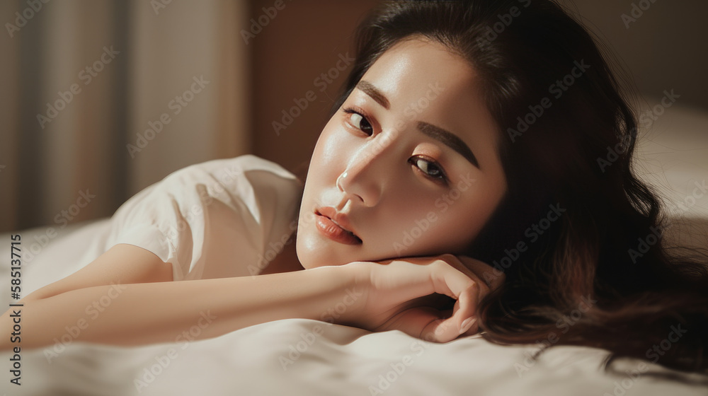 Beautiful Asian woman lying on the bed - close up of the face - made with Generative AI Beautiful Asian woman lying on the bed - close up of the face - made with Generative AI