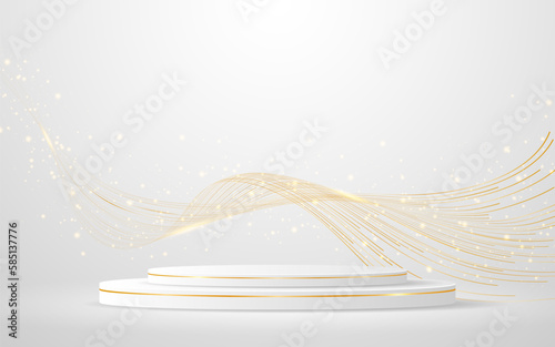 White podium with elegant gold wave lines on the back for product presentation. Display of cosmetic products. Stage or podium. vector illustration
