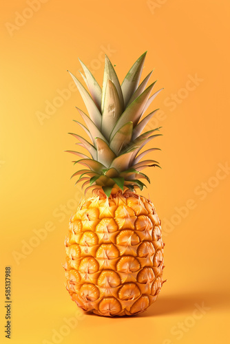 Fresh natural pineapple fruit isolated on yellow background  harvest of juicy fruits  summer farm design element. Generative AI