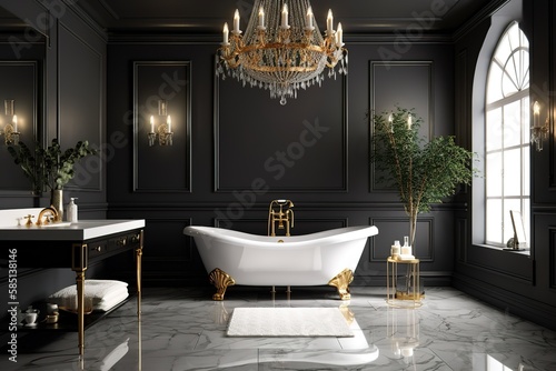 Glamorous Bathroom  Design a bathroom with a glamorous feel  using luxurious materials such as marble  crystal  and gold accents. Generative AI