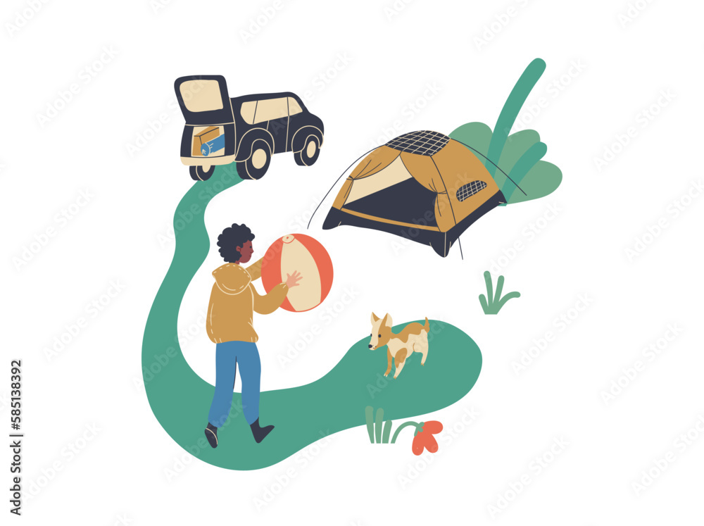 Boy playing ball dog tent car Boy playing ball dog tent car