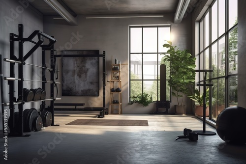 Home Gym: Create a set of images that showcase a sleek, motivating home gym. Generative AI