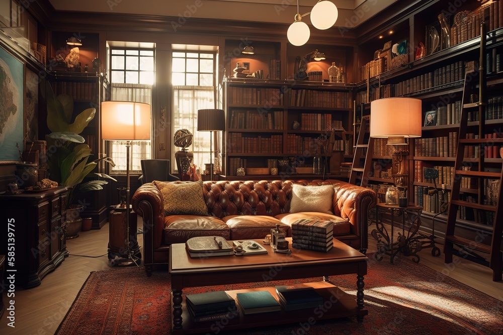Home Library: Create a set of images that showcase a grand, sophisticated home library.  Generative AI