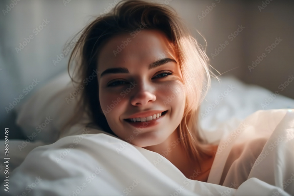 Young woman waking up in a sunny morning. Created with Generative AI technology. Young woman waking up in a sunny morning. Created with Generative AI technology.