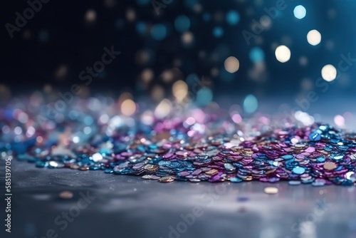 Abstract glitter silver  purple  blue lights background. de - focused. banner  Generative AI.