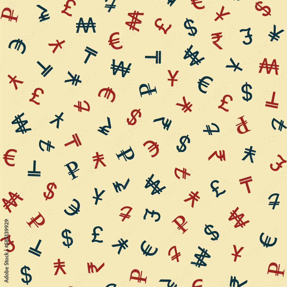 Symbols of various currencies seamless pattern. Vector background.