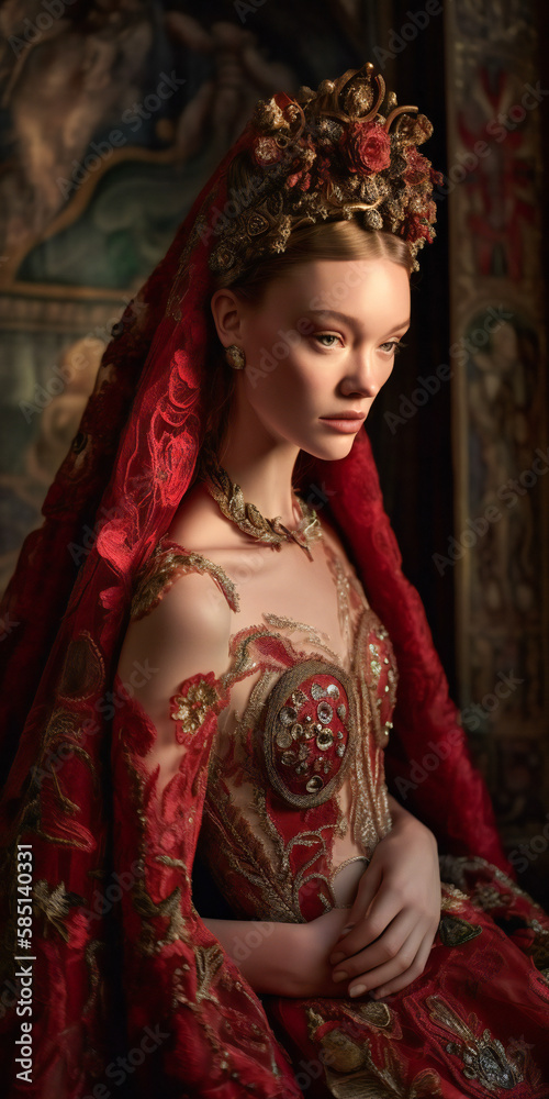 A noble woman, could be a Byzantine or Venetian queen or princess, dressed in royal red. Created with Generative AI technology.