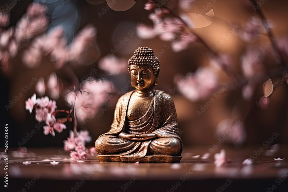 Buddha statue with cherry blossom. Mediation and zen concept, generative AI