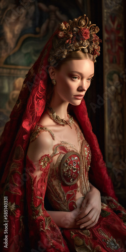 A noble woman, could be a Byzantine or Venetian queen or princess, dressed in royal red. Created with Generative AI technology.