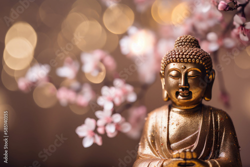Buddha statue with cherry blossom. Mediation and zen concept, generative AI © Kien