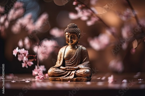 Buddha statue with cherry blossom. Mediation and zen concept  generative AI