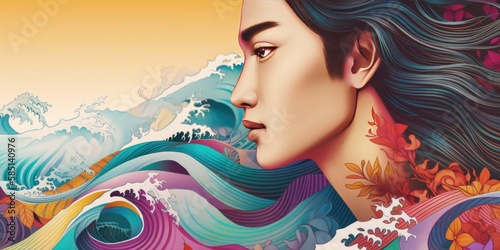 A beautiful fictional pacific island or asian man with waves in tropical colors and asian patterns, Asian American and Pacific Islander Heritage Month (APAHM) in may, created with generative ai photo