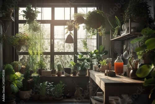 Indoor Garden: Create a set of images that showcase a lush, vibrant indoor garden. Generative AI