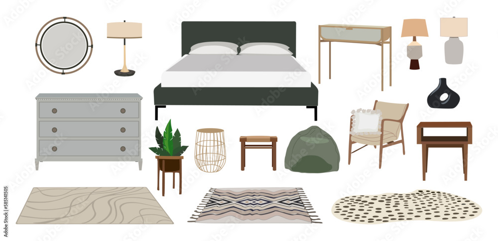 Set of home furniture, interior decor, house plant for bedroom ...