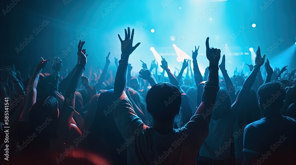 Rear view of crowd with arms outstretched at night club concert, blue purple light background by ai generative