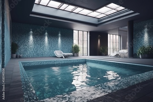 Indoor Pool: Create a set of images that showcase a luxurious, refreshing indoor pool. Generative AI © create interior