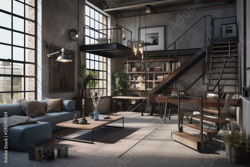 Industrial Loft: Create a set of images that showcase a trendy, industrial - style loft.  Generative AI © create interior