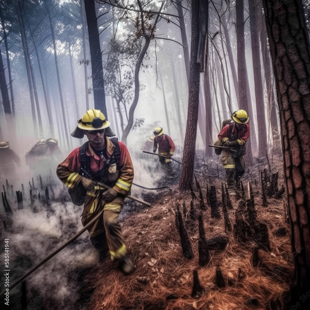 Naklejka premium firefighters fighting the flames in a forest fire. Ai Generative.