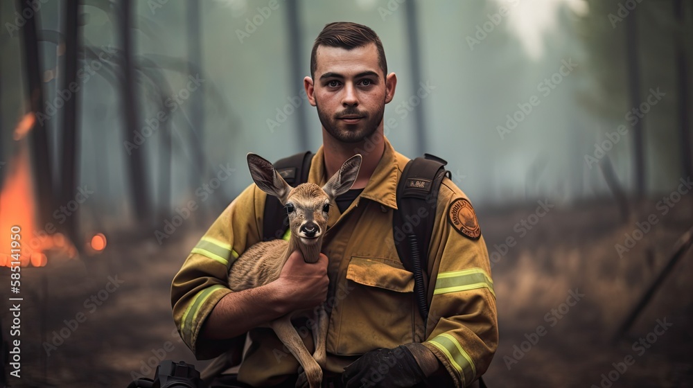 A firefighter posing with a fawn rescued from a forest fire. Ai Generative. A firefighter posing with a fawn rescued from a forest fire. Ai Generative.