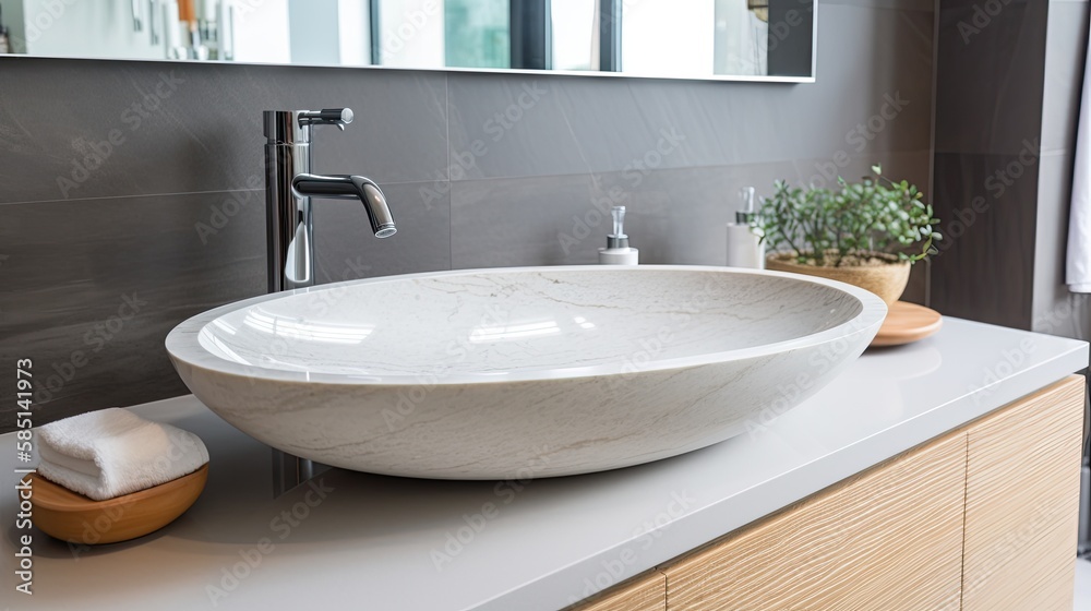 Close-up, white oval-shaped sink, made of natural stone, modern and luxurious style. Minimalist decoration. Ai Generative. Close-up, white oval-shaped sink, made of natural stone, modern and luxurious style. Minimalist decoration. Ai Generative.