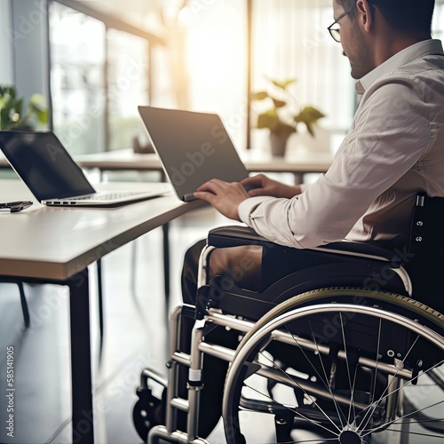 Man on wheelchair working in the office, next to a desk with a laptop, Ai Generative.