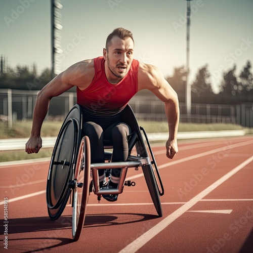 Paralympic athlete training in a wheelchair adapted to sport, on a running track at sunset. photo