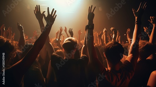 Rear view of crowd with arms outstretched at night club concert, blue purple light background by ai generative