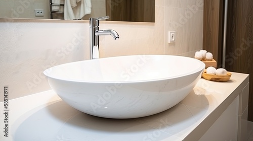 Close-up, white oval-shaped sink, made of natural stone, modern and luxurious style. Minimalist decoration. Ai Generative.