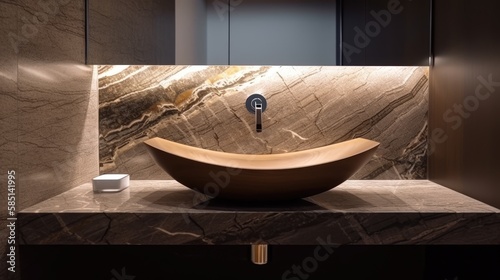 Oval shaped natural stone sink  inside a luxury bathroom. Ai Generative.