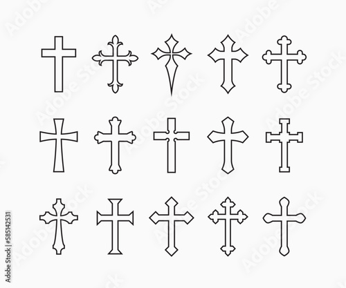 Christian cross icon set. Cross symbol outline style