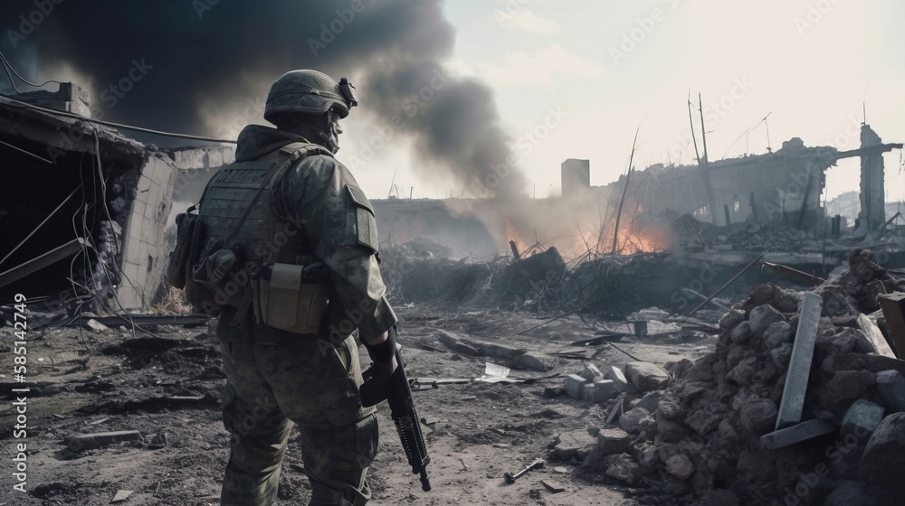 Soldier against the backdrop of a war-torn city. generative AI Soldier against the backdrop of a war-torn city. generative AI