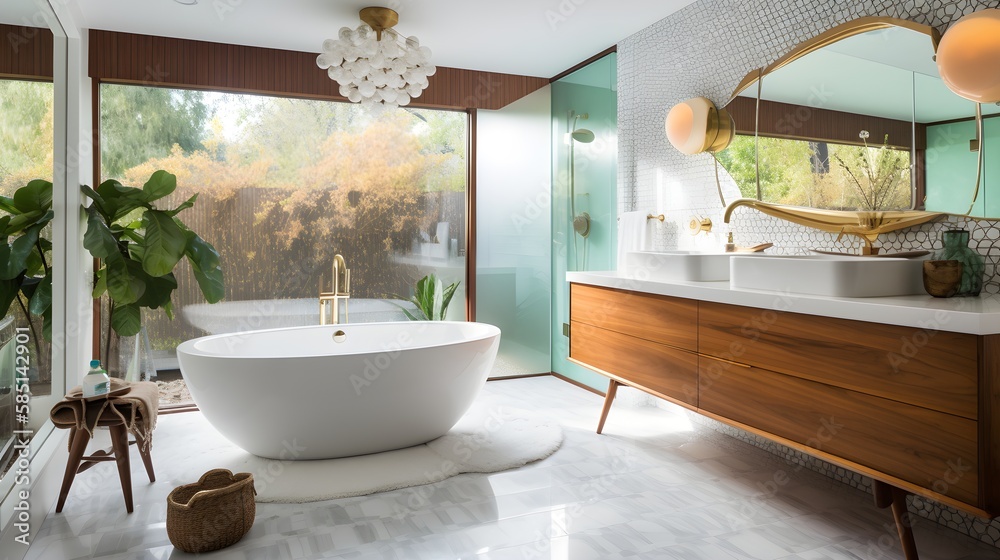 Fototapeta premium Mid century modern style bathroom with wood modern twist mcm ideas interior design trending